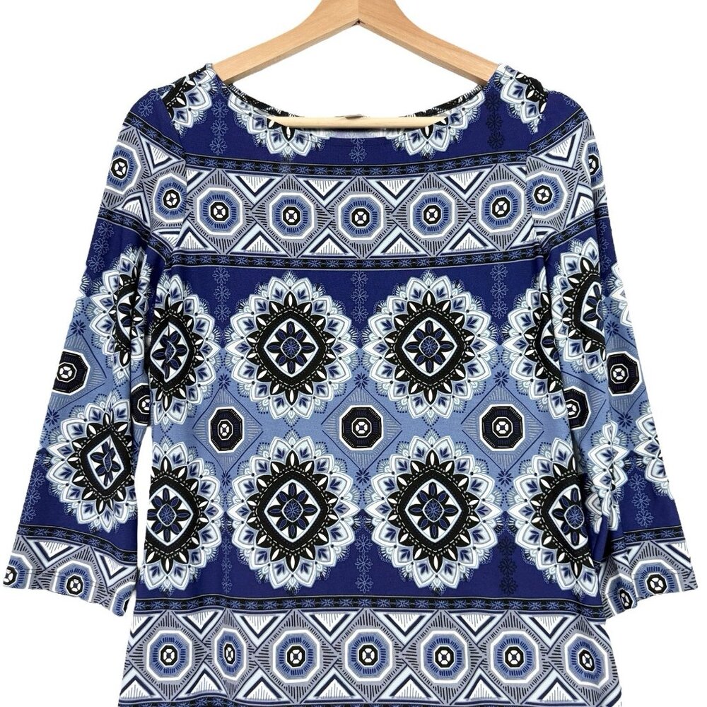 Maggy London Multicolor Shift Dress Size 6 Knee Length 3/4 Sleeve Stretch - Picture 2 of 5